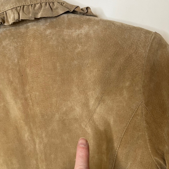 Vintage Suede Leather Blazer Jacket Tan Brown Boho Ruffle Trim Alice Blue S - Picture 16 of 17